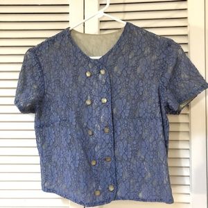 Vintage 90s Sisley Italy Lace Blouse Short Sleeve Fully Lined Periwinkle Blue XS